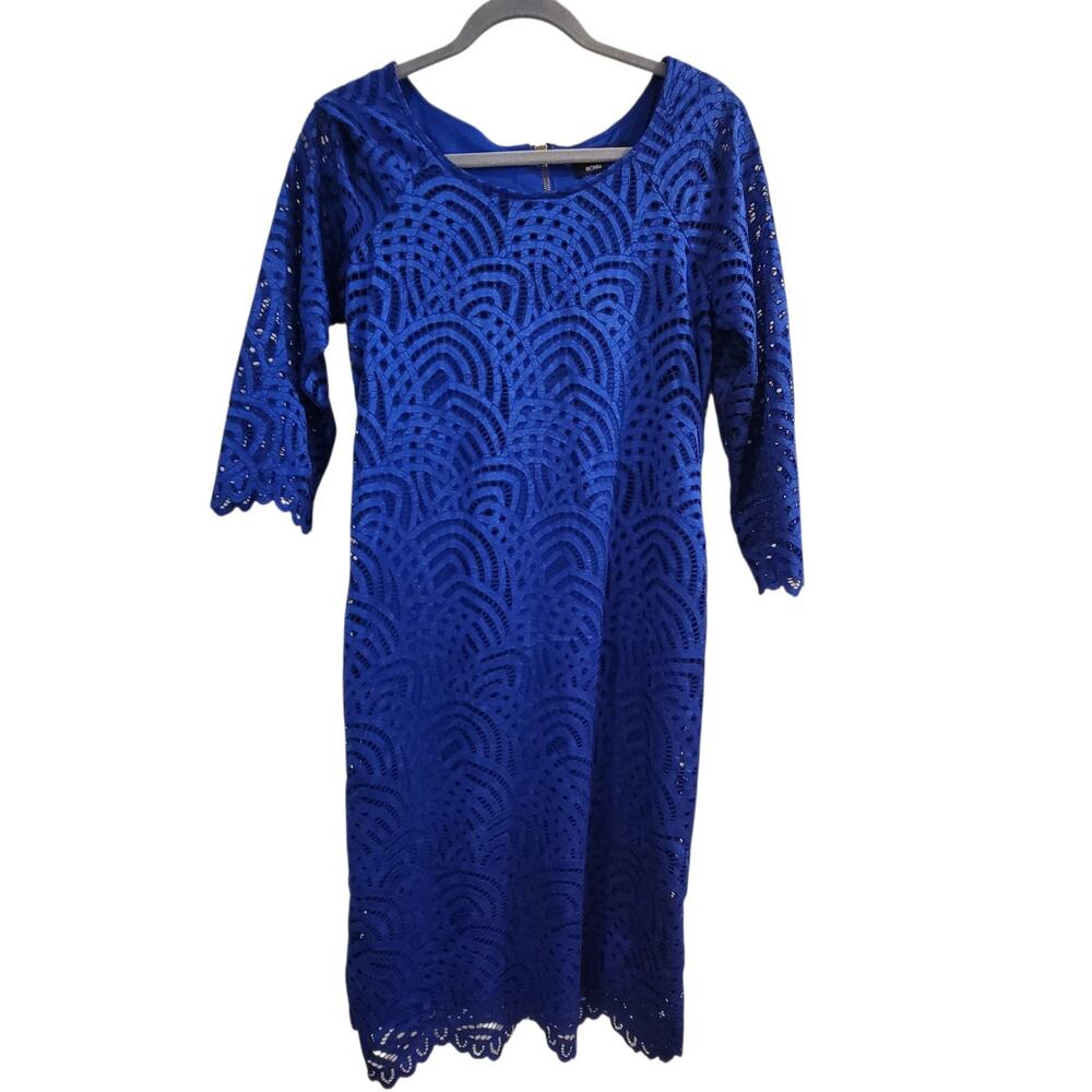 Ronni Nicole Blue Lace Sheath Dress Women’s Size 8 Scalloped Midi Cocktail